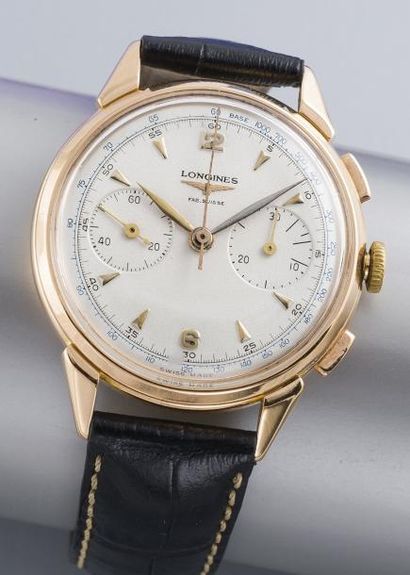 LONGINES (CHRONOGRAPHE FLYBACK - OR ROSE), vers 1950 Chronographe à grande ouverture...