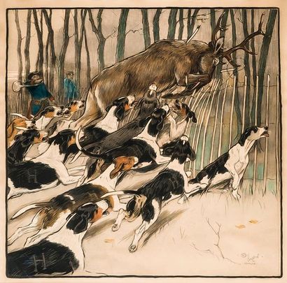 D'après Cecil ALDIN (1870-1935) Chasse de l'équipage Lyons-Halatte, cerf sautant...