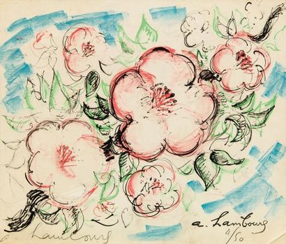 A. LAMBOURG (XXe siècle) Composition aux fleurs Lithographie en couleurs numérotée...