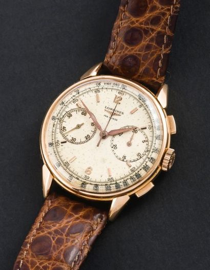 LONGINES (CHRONOGRAPHE FLYBACK - OR ROSE), vers 1950 Chronographe à grande ouverture...
