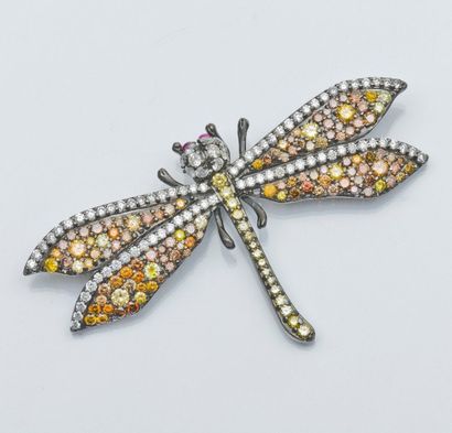 Michelle DELLA VALLE Broche libellule en or noirci 18 carats (750 millièmes) sertie...