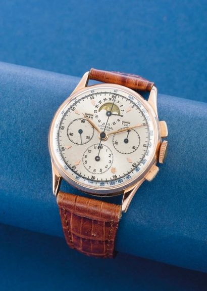 null UNIVERSAL GENEVE (Chronographe Tri - Compax Lunaire / Or rose n° 12266), vers...