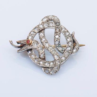 null Petite broche en métal formé d'un serpent enroulé dans un anneau sertis de diamants...