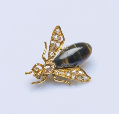 null Broche insecte en or jaune 18 carats (750 millièmes), le corps en œil de tigre,...