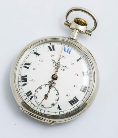 P.F.A. Chronomètre de poche en argent (925 millièmes). Cadran blanc à chemin de fer...