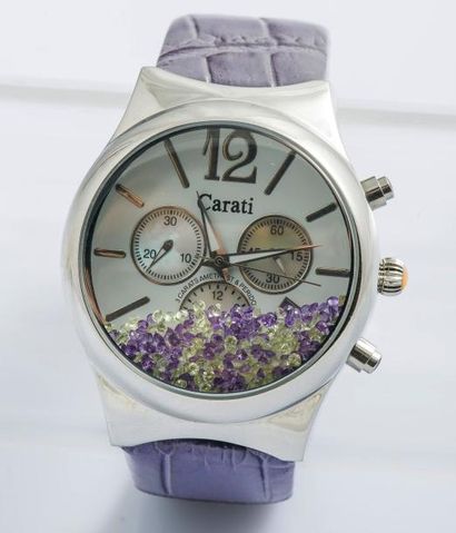 CARATI Chronographe en acier, boitier rond à fond clippé (numéroté), cadran blanc...