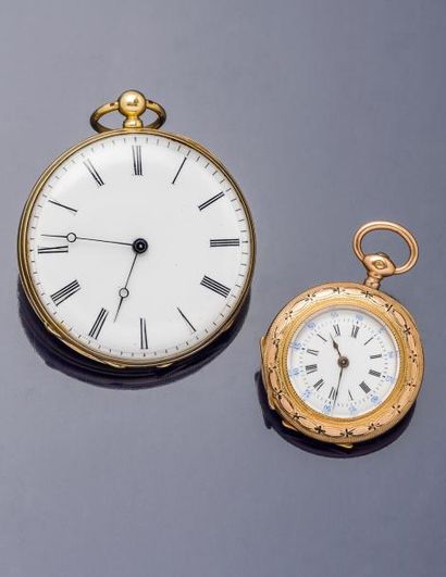 null Lot de deux montres, vers 1870

1. Montre de col en or jaune 18 carats (750...