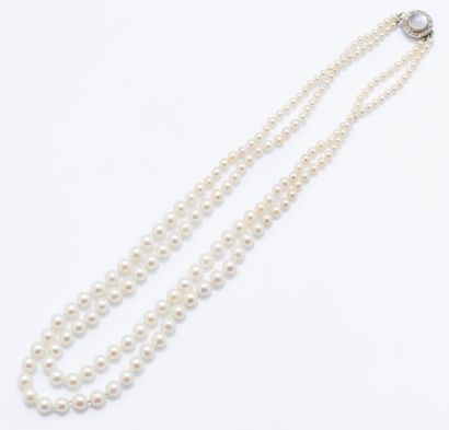 null Collier double rang de perles de culture blanches en chute, fermoir rond en...