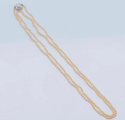 null Sautoir formé d’un rang de perles fines de couleur crème, le fermoir en platine...