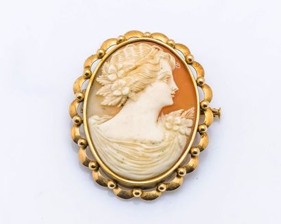 null Broche en or jaune 18 carats (750 millièmes) sertie d’un camée coquille représentant...