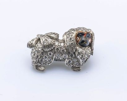 null Petite broche pékinois en or gris 18 carats (750 millièmes) pavée de diamants...