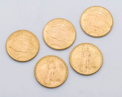 null Lot de 5 pièces de 20 Dollars US Liberty de Saint-Gaudens 1911, 1924, 1927

Poids...