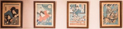 null Sept gravures japonaises représentant des samouraïs et des personnages féminins.

36...
