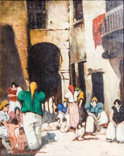 Georges LEMARE  (1866–1942) Femmes et enfants dans la casbah
Huile sur toile.
Signée...