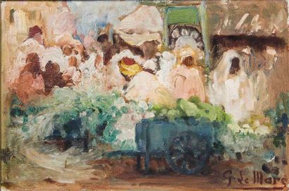 Georges LEMARE (1866–1942) Les marchands de légumes
Huile sur carton.
Signée en bas...