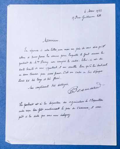 [Albert BESNARD]. Lettre autographe signée par la femme d'Albert BESNARD à propos...