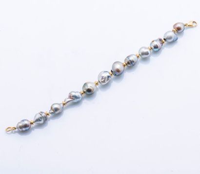 null Bracelet de perle de culture baroques grises alternées de perles en or jaune...