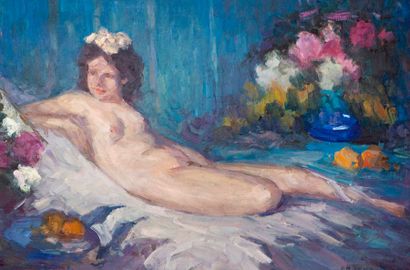 Pavel CHMAROFF (1874-1950), Nu allongé au bouquet de fleurs

Huile sur toile signée...