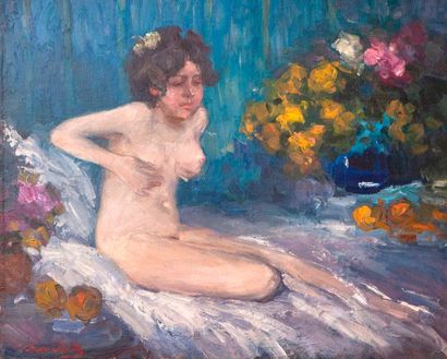 Pavel CHMAROFF (1874-1950), Nu assis au bouquet de fleurs

Huile sur toile signée...