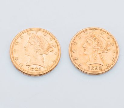 null Deux pièces de 5 Dollars US or, 1881 et 1892.

Poids brut : 16,6 g