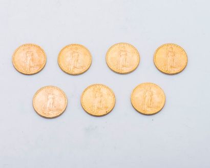 null Sept pièces de 20 Dollars US or Saint Gaudens, 1903, 1915, 1923, 1924 (2), 1927...