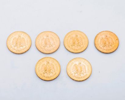 null Six pièces de 50 pesos mexicains or Victoire ailée, une 1821-1945, une 1821-1946...