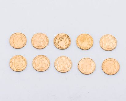 null Dix pièces de 20 Francs or 1859, 1877, 1865, 1891, 1896, 1897, 1898, 1901, 1907,...
