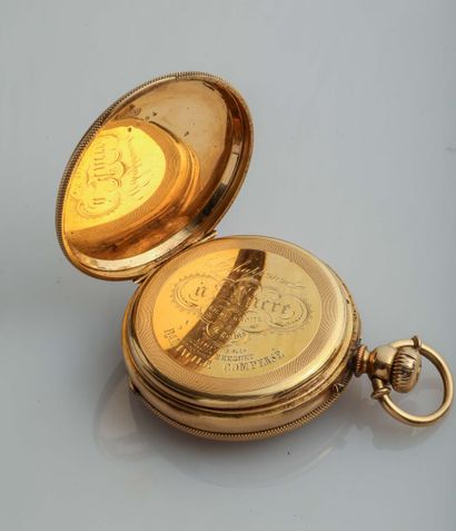 Montre de poche en or jaune, Pocket watch in yellow gold 750 thousandth,
the bottom...