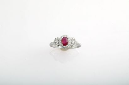 Bague rubis et diamants / Ruby and diamonds ring White gold ring set with an oval...