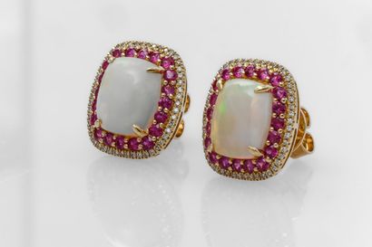 null Very nice pair of yellow gold earrings set with two opals of about 3.6 carats...