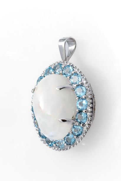 null White gold pendant set with a cabochon-cut opal of about 6.3 carats in a surround...