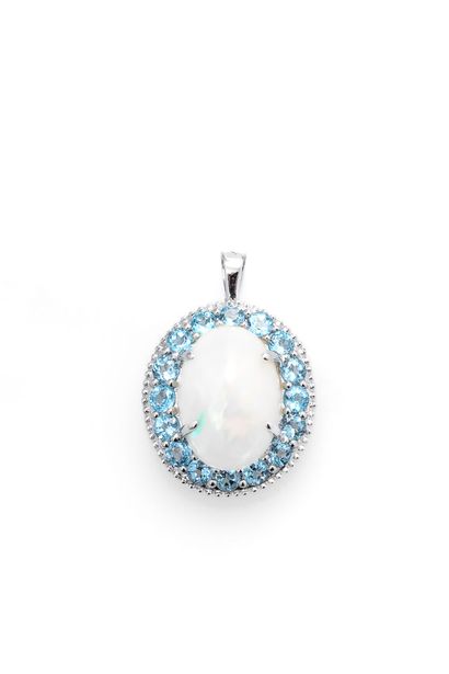 null White gold pendant set with a cabochon-cut opal of about 6.3 carats in a surround...
