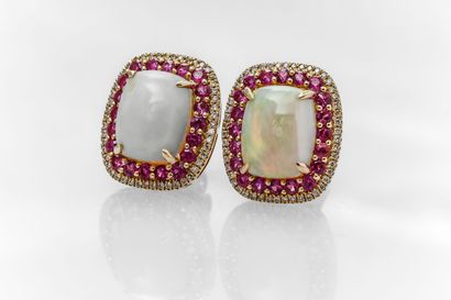 null Very nice pair of yellow gold earrings set with two opals of about 3.6 carats...