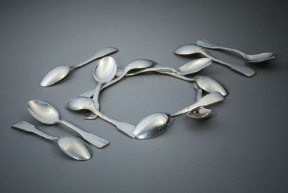 Set of 12 silver mocha spoons, uni-flat model.
Weight:...