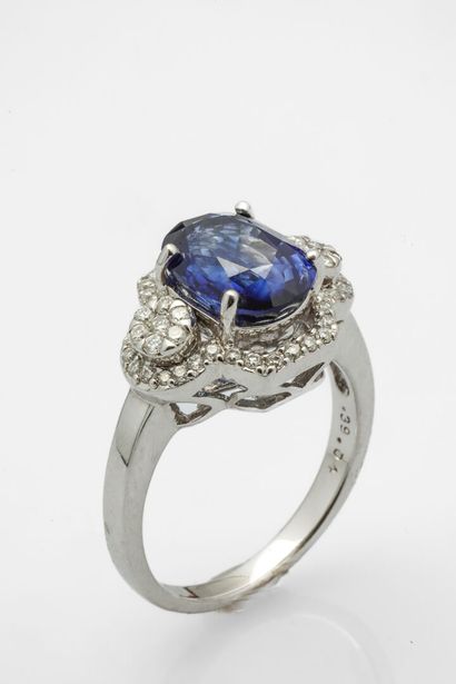 null White gold ring, 750 MM, centered on an oval translucent sapphire weighing 4.11...