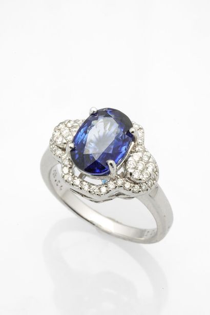 null White gold ring, 750 MM, centered on an oval translucent sapphire weighing 4.11...