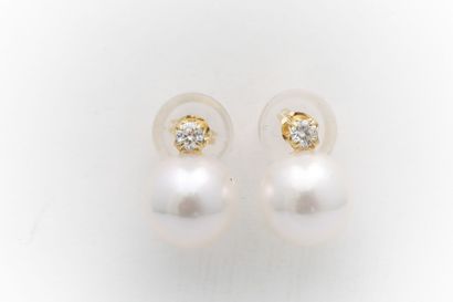 null Pair of yellow gold ear studs adorned with 6/6.5 mm Akoya cultured pearls topped...