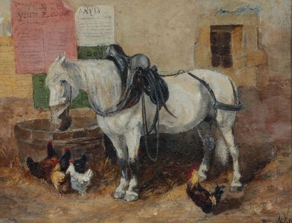 null FRENCH SCHOOL
Public Sale at the Farm
Oil on panel signed lower right
21 x 26.5...