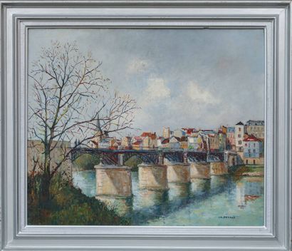null POLLACI Charles (1807-1889)
Le Vieux Pont de Chatou
Huile sur toile signée en...