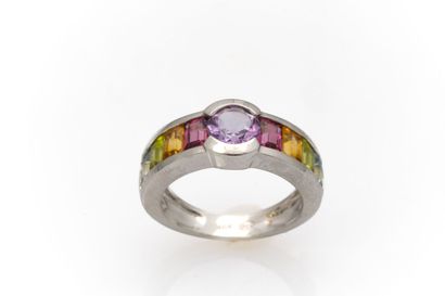 null White gold ring set with amethyst, citrines, peridots, quartz and garnet in...