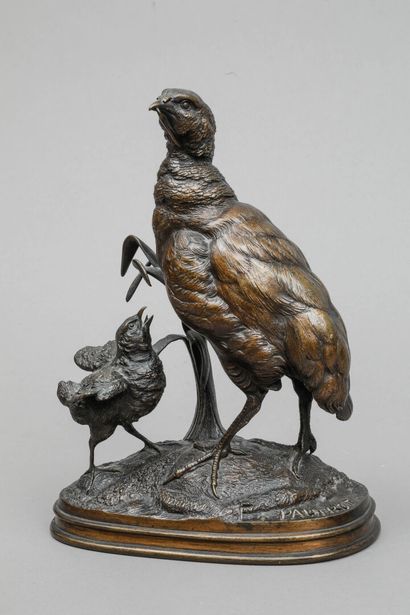 null Ferdinand PAUTROT (1832-1874)
Partridge and her chick
Bronze with brown patina...