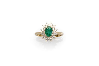 null 18K yellow gold daisy ring set with an oval-cut Emerald in a double entourage...