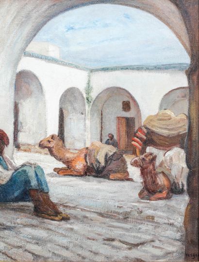 null Jean-Antoine-Armand VERGEAUD (1876-1949) 
Resting in the Courtyard of the Caravanserail
Oil...