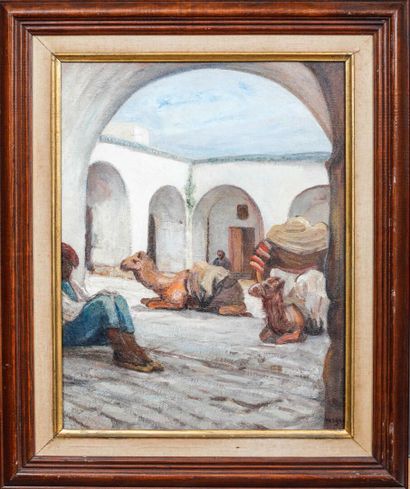 null Jean-Antoine-Armand VERGEAUD (1876-1949) 
Resting in the Courtyard of the Caravanserail
Oil...
