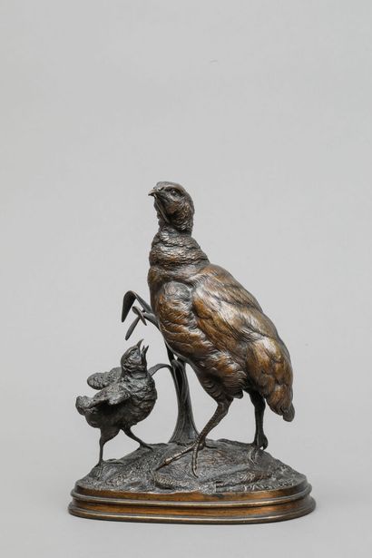 null Ferdinand PAUTROT (1832-1874)
Partridge and her chick
Bronze with brown patina...