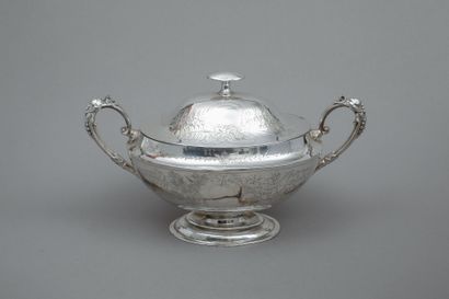 null Silver-plated oval soup tureen on pedestal, decorated with leafy branches forming...