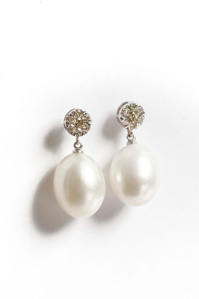 null Paire de pendants d'oreilles en or blanc (18K) deux perles de culture d'eau...