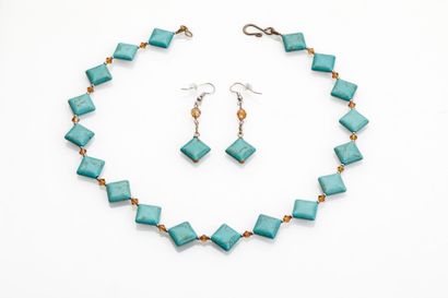null Set includes a necklace and a pair of earrings composed of imitation turquoise...