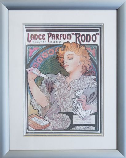  Rodo - (années 1900)
Publicité polychrome figurant une élégante d'après Alfons Mucha... Gazette Drouot
