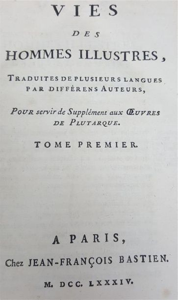 null PLUTARQUE, Vie des hommes illustres. Paris, 1784
Dix-huit volumes